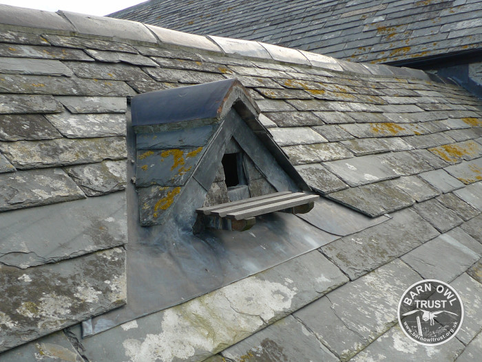 A small windowed dormer with a ledge in the roof of a cottage