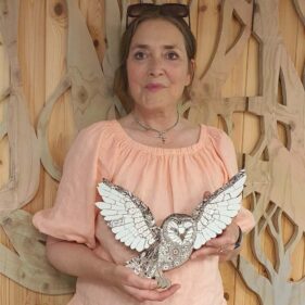 Emily with mosaic barn owl